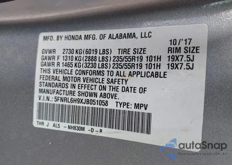 2018 Honda Odyssey Elite from USA, damaged, VIN 5FNRL6H9XJB051058